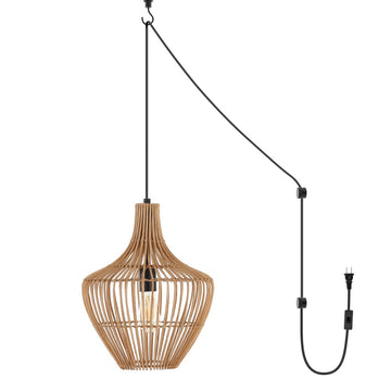 Lucas 13" Farmhouse Coastal Rattan 180" Cord Plug-In or Hardwired LED Pendant - JONATHAN Y